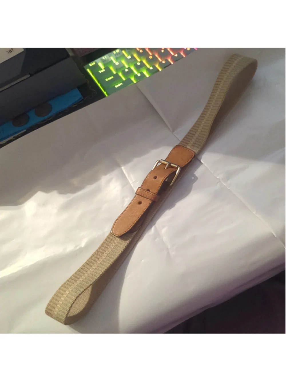 Beige and Tan Canvas and Leather Belt - size 34